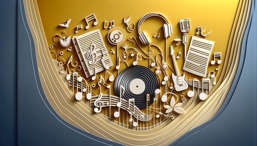 paper art illustration of vibrant paper cut instruments records musical symbols and quiz prompts on golden yellow background
