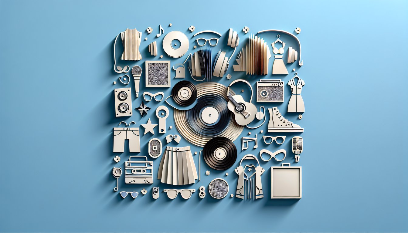 Paper art collage of musical symbols fashion silhouettes over sky blue background for KAT TUN personality quiz
