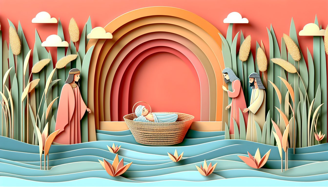 Paper art illustration for Birth of Moses quiz on a coral background.