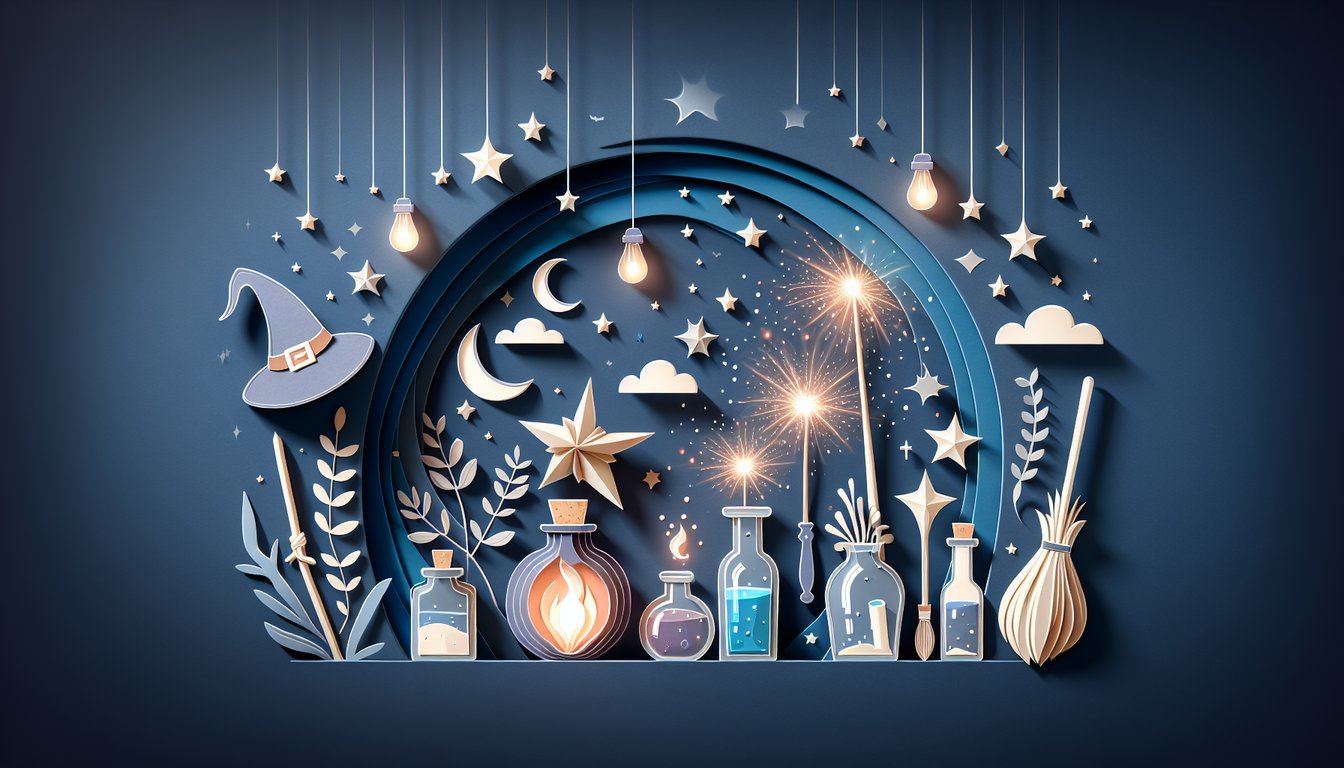 Paper art wizard hat broom spellbook floating on dark blue background inviting quiz to find out if youre a witch or wizard