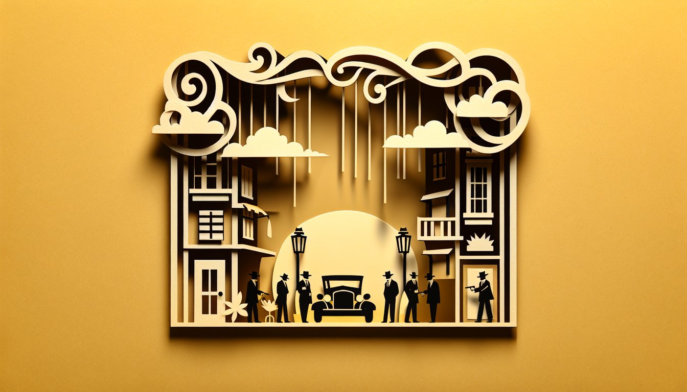 Paper art illustration for Peaky Blinders personality quiz on a golden yellow background