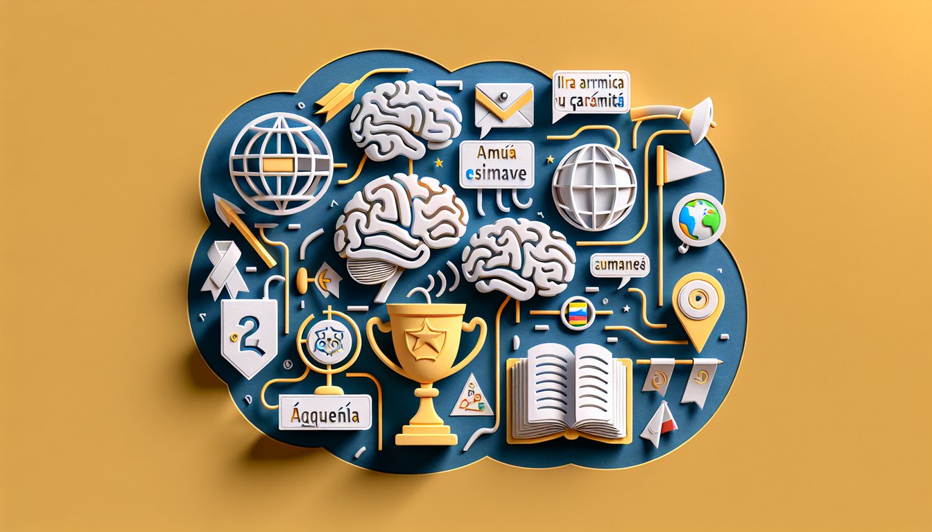 Paper art illustration for a Spanish commands quiz on a golden yellow background