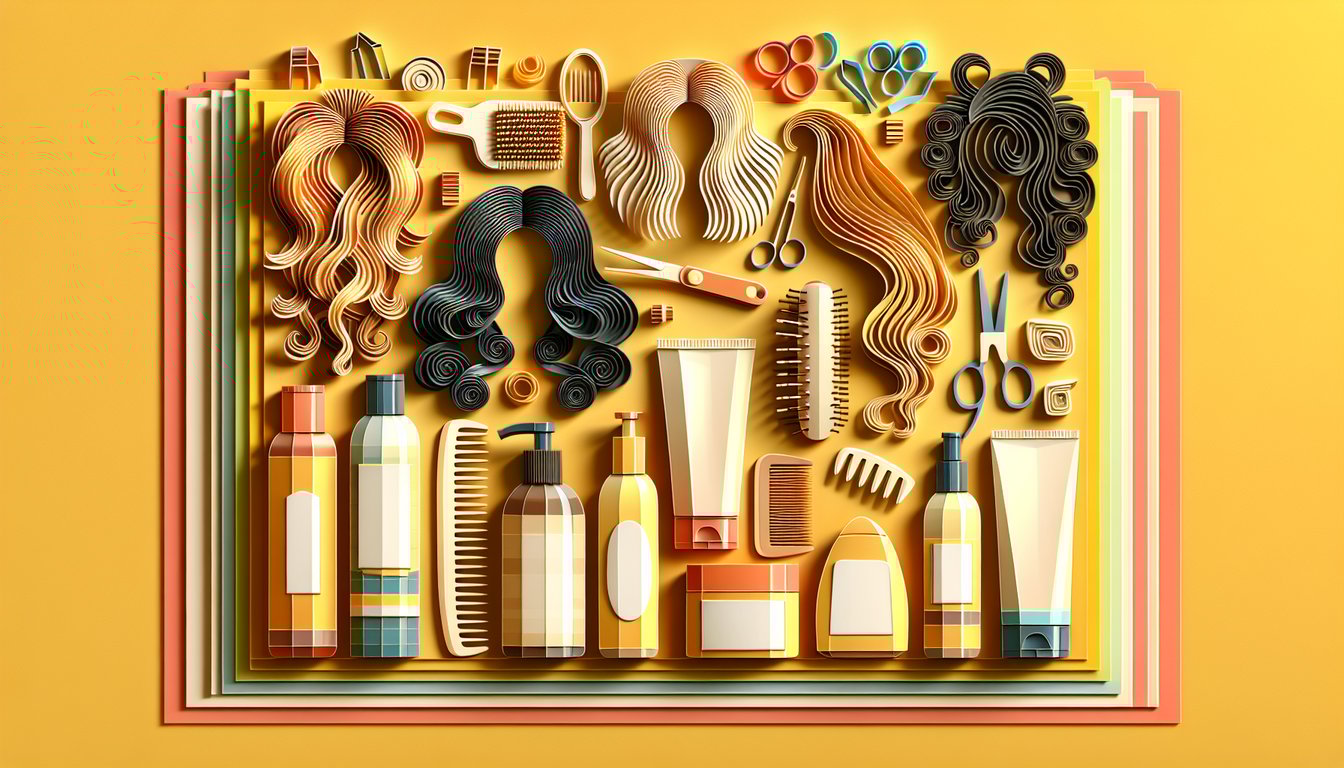 Paper art illustration with diverse hair styles on golden yellow background for free hair treatment quiz