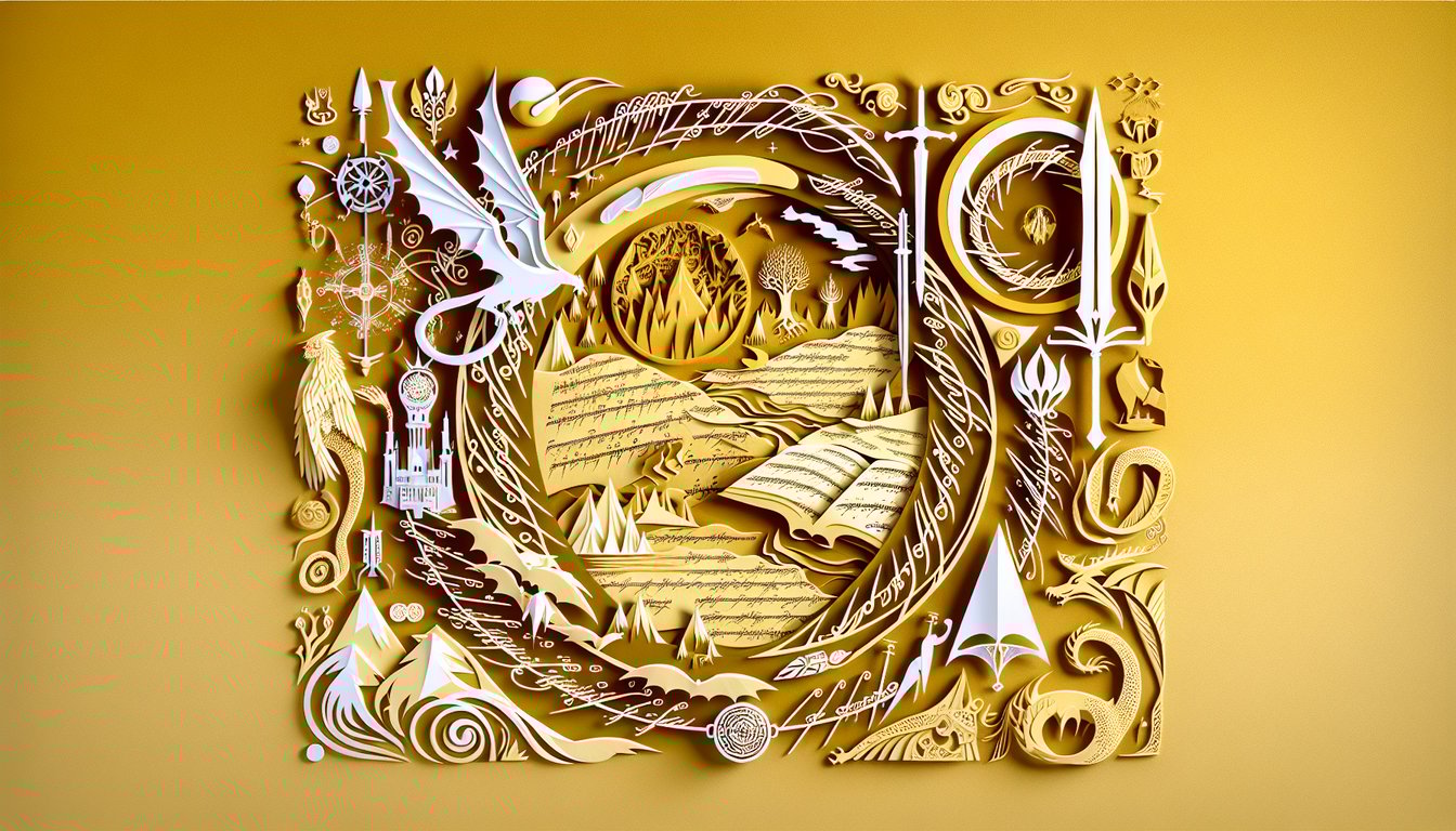 Paper art ring, scroll, hobbit door, map on golden yellow background for Lord of the Rings trivia quiz