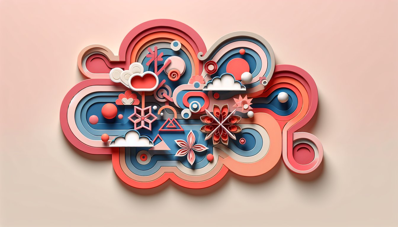 Paper cut art collage with stylized faces and geometric shapes on a coral background for aesthetics philosophy quiz