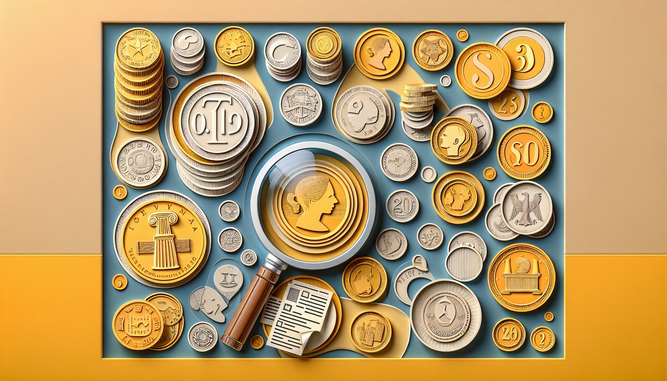 Paper art style coins quiz elements on golden yellow background inviting coin trivia challenge