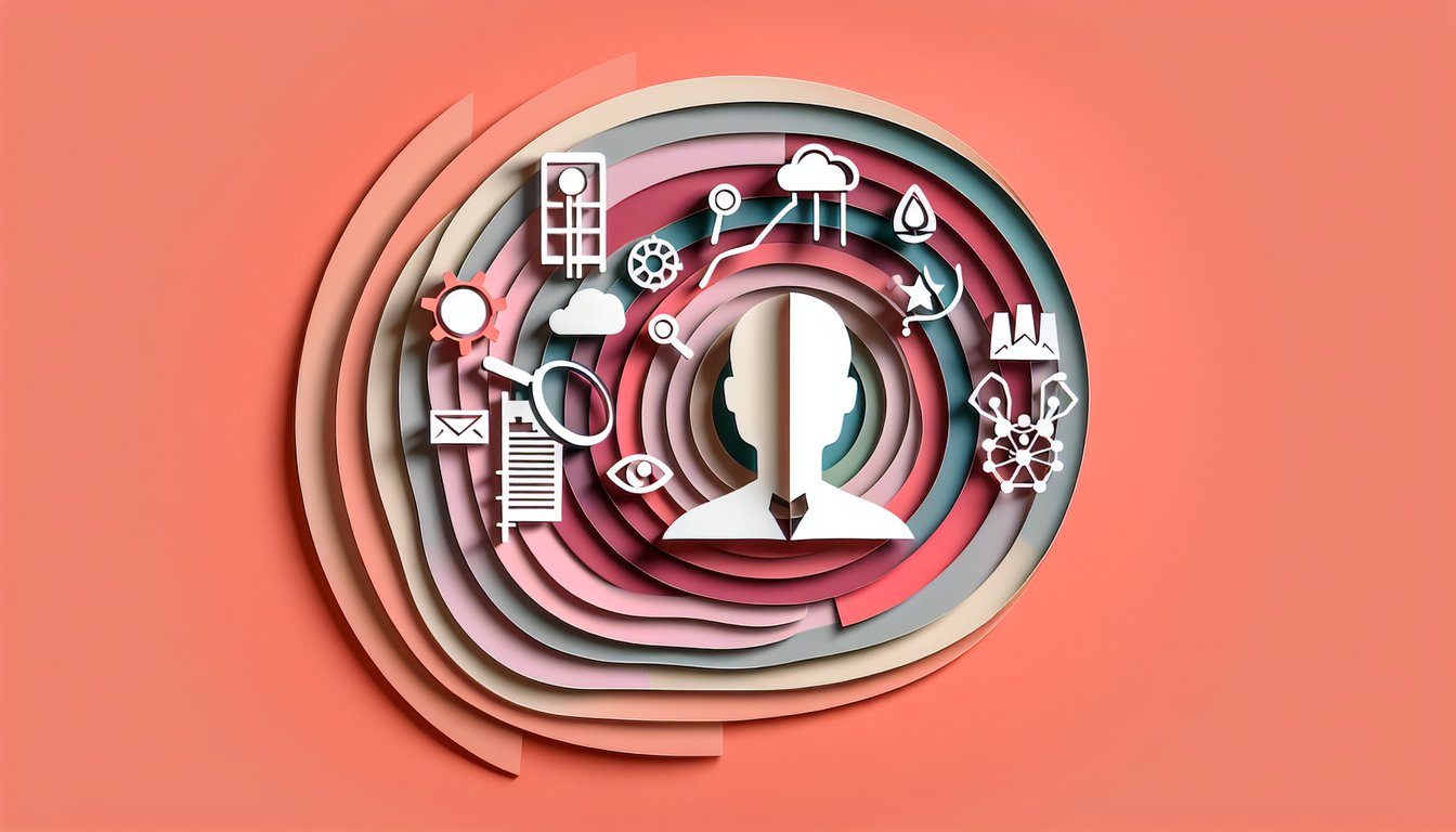 Paper art illustration of mentalist quiz characters and mind puzzle on coral background