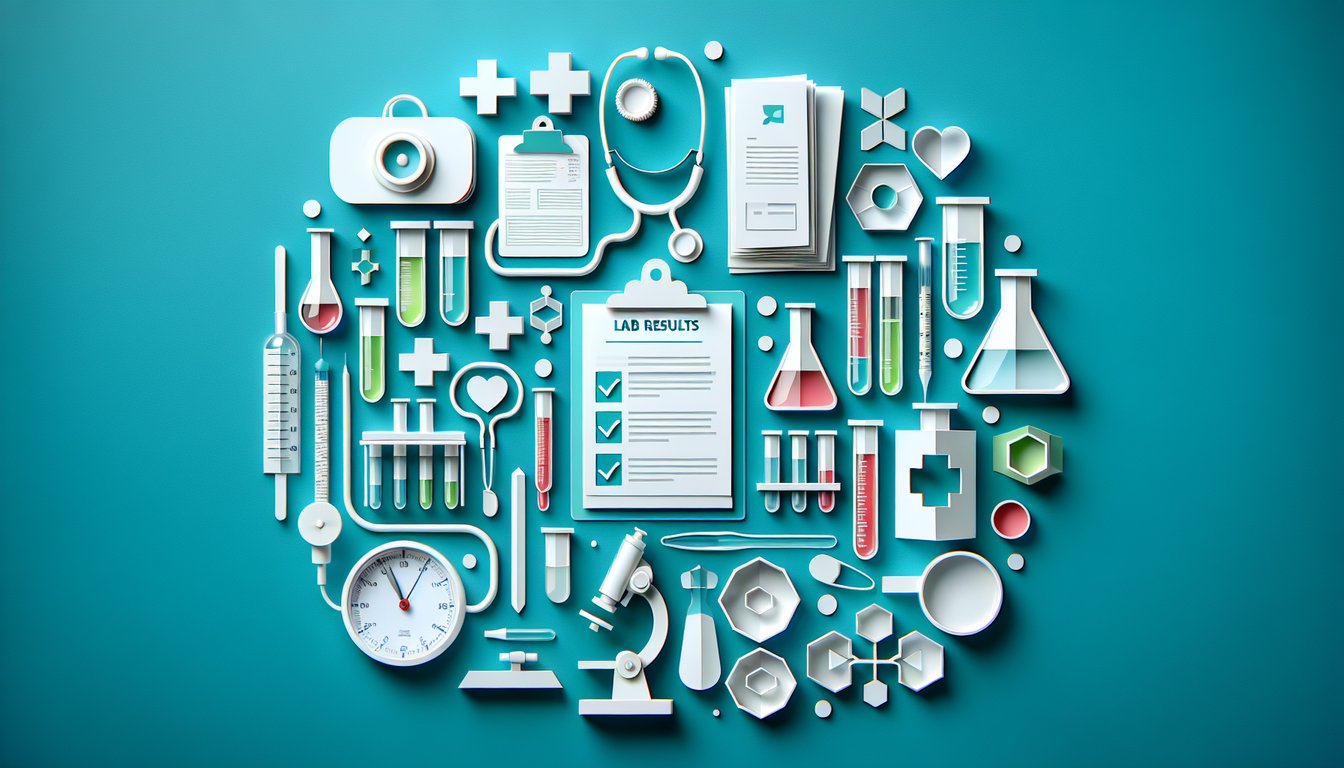 Paper art illustration for a nursing lab results quiz on a teal background