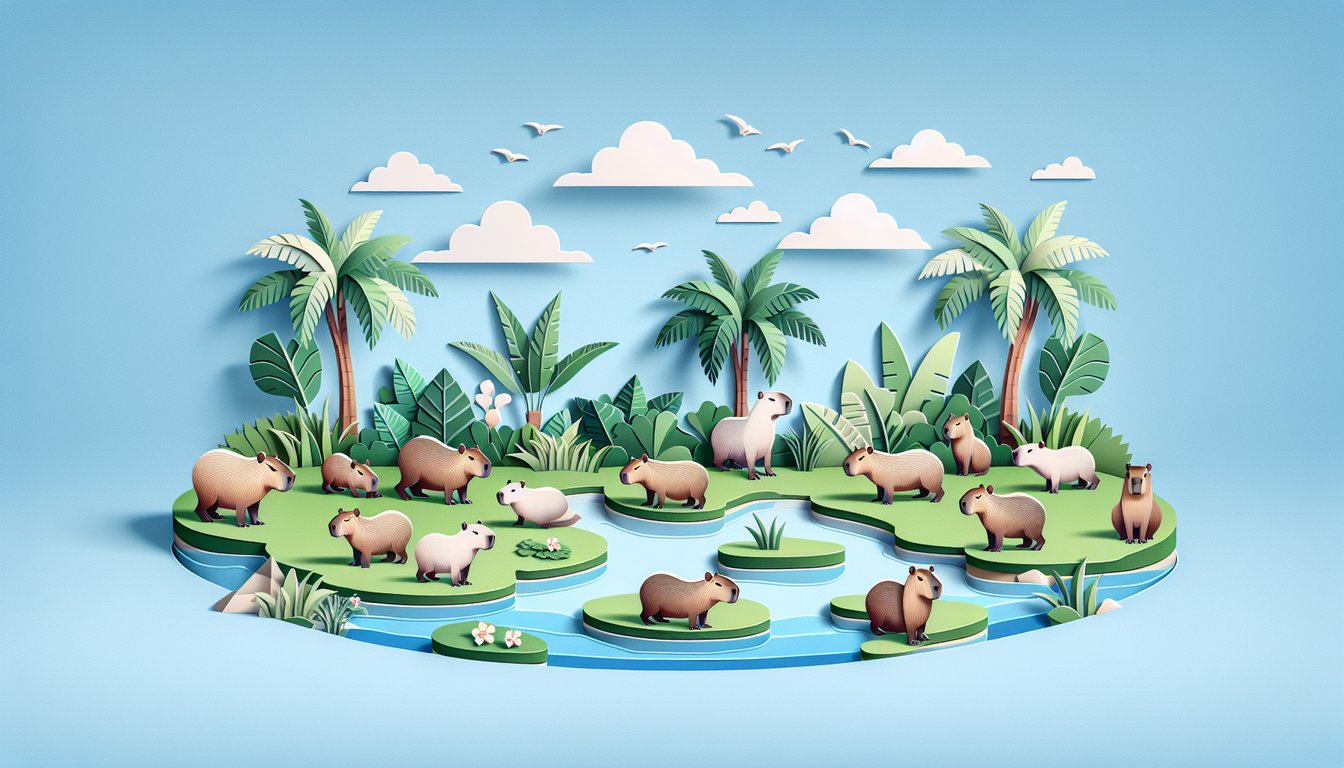 Paper art illustration for a capybara personality quiz on a sky blue background