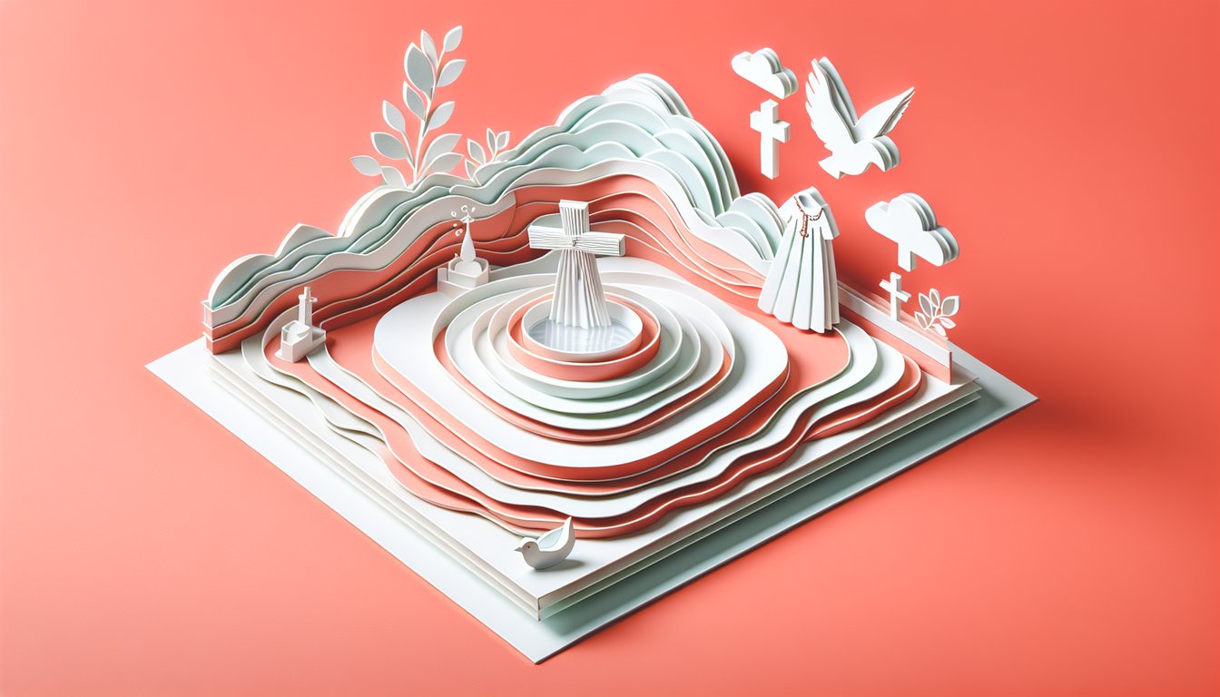 Paper art illustration for baptismal name quiz on a coral background