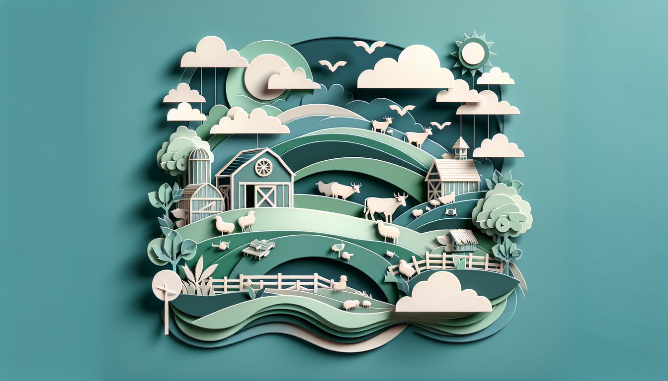 Paper cutout illustration of farm animals and quiz icons on teal background for Animal Farm Chapter 1 quiz