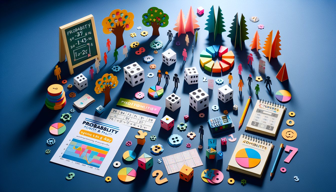 Colorful paper art promoting Probability Power Play, a dynamic high school quiz.