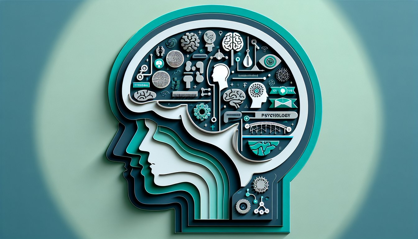 Paper art illustration of brain, neurons, books, and quiz icons on teal background for psychology chapter one quiz