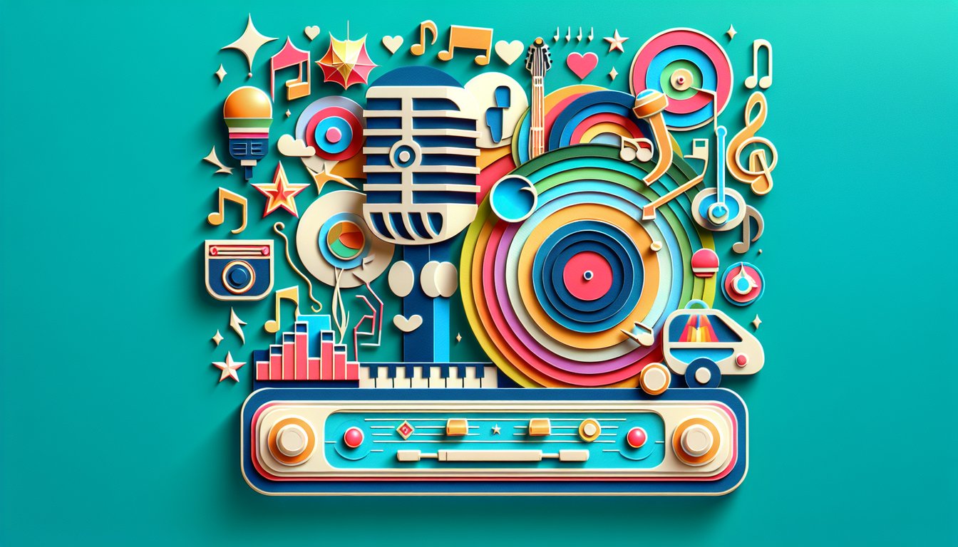 Paper art with cassette tape, microphone, vinyl record and music notes on teal background for Bruno Mars song vibe quiz