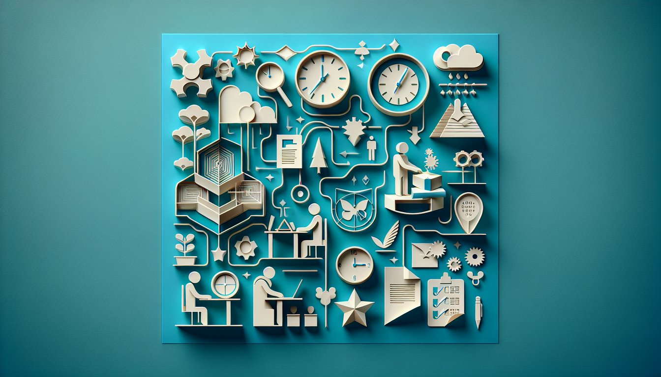 Paper art style quiz graphic with clock calendar checklist question mark icons layered on teal background.