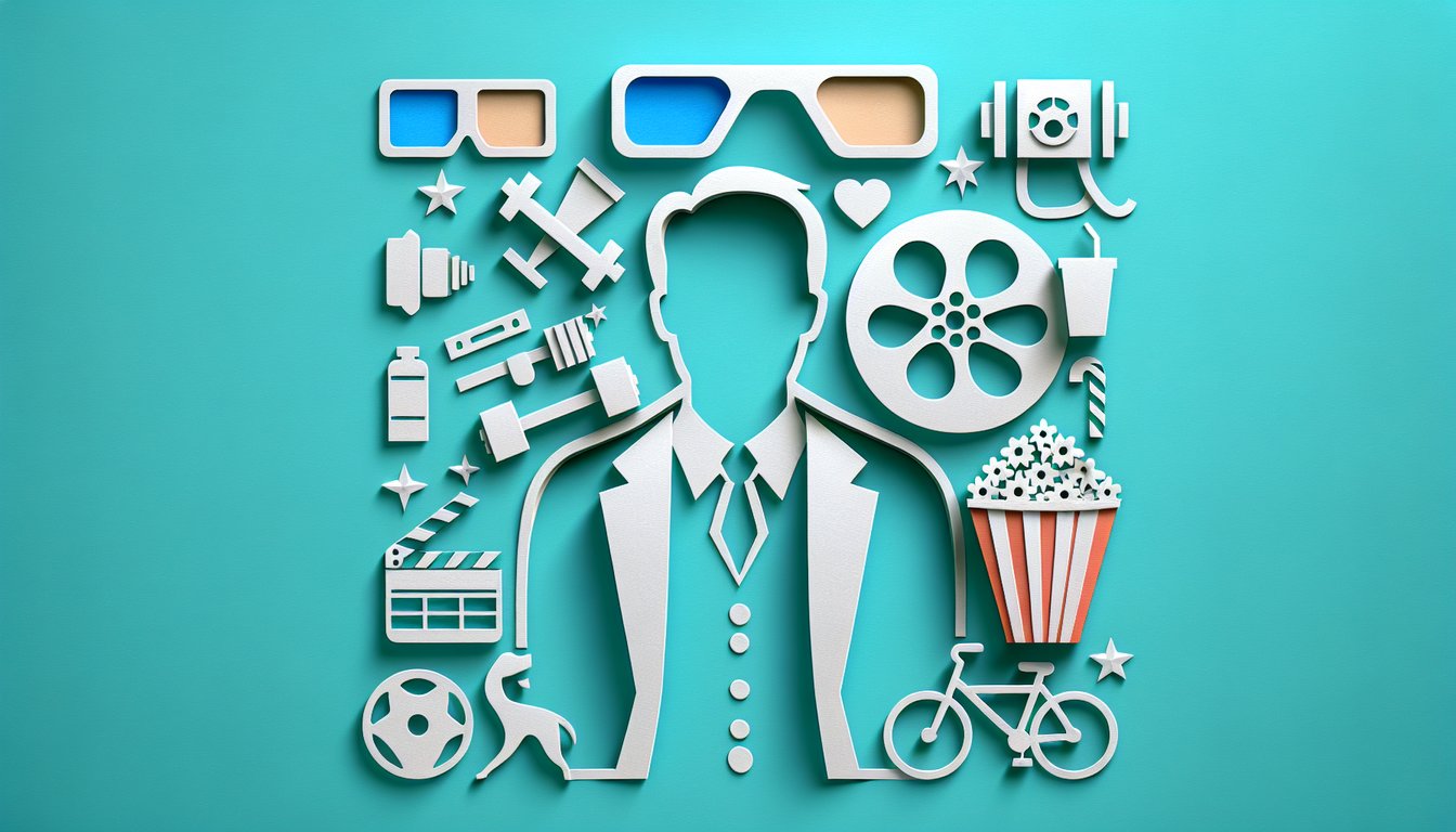 Paper art illustration for Ryan Reynolds trivia quiz with movie reels clapperboard and icons on teal background