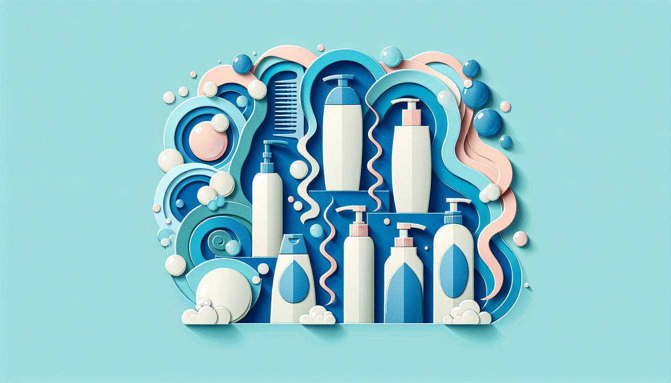 Paper art illustration for a shampoo and conditioner quiz on a sky blue background