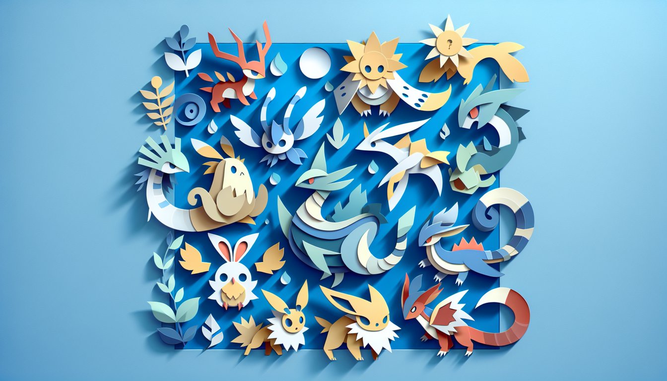 Paper art style Pokemon trainer quiz banner with team choice icons and playful text on sky blue background