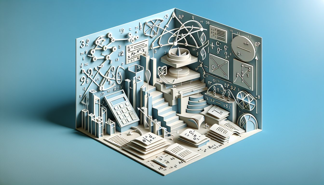 Paper art illustration with algebra symbols equations and polynomials on sky blue background promoting free Algebra 1 quiz
