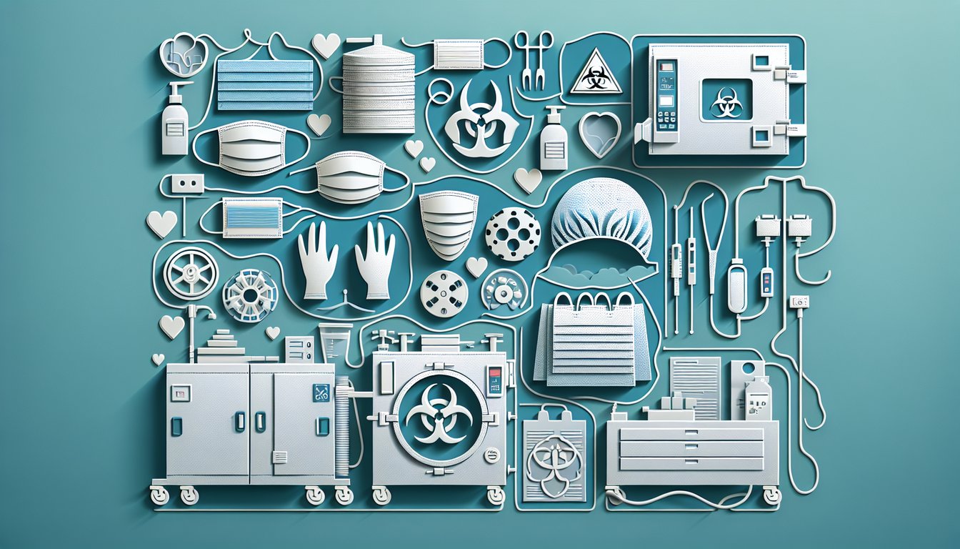 Paper art illustration of central sterile processing tools on teal background for CSPD procedures and safety protocols quiz