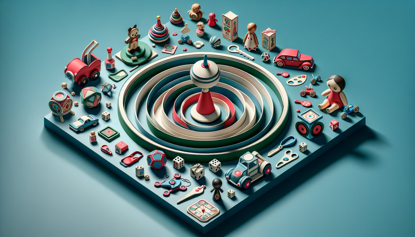 Paper art illustration for toy trivia quiz on a teal background