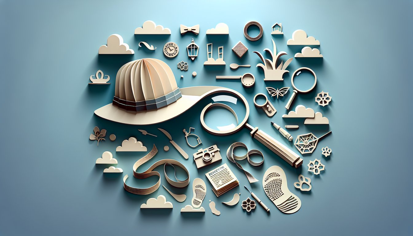 Paper art shows magnifying glass over book and coiled speckled snake silhouette on sky blue background for detective quiz