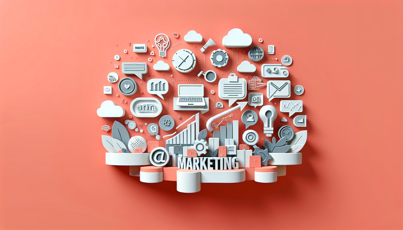 paper art collage for marketing skills quiz with branding digital marketing market research icons on coral background