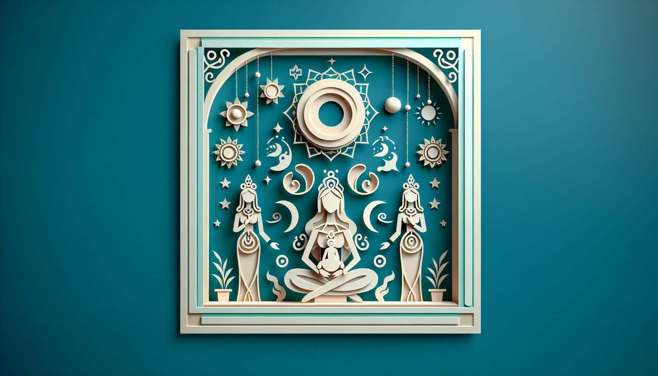 Paper art illustration for Godly Parent Quiz about uncovering divine heritage on teal background