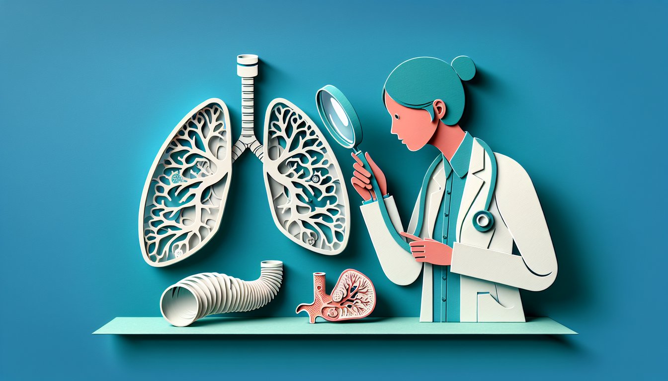 Paper art style lungs throat and stethoscope on teal background for quiz testing pneumonia versus bronchitis symptoms