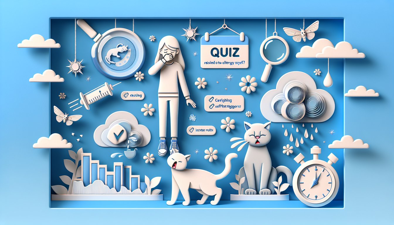 Paper art illustration for a cat allergy quiz on a sky blue background