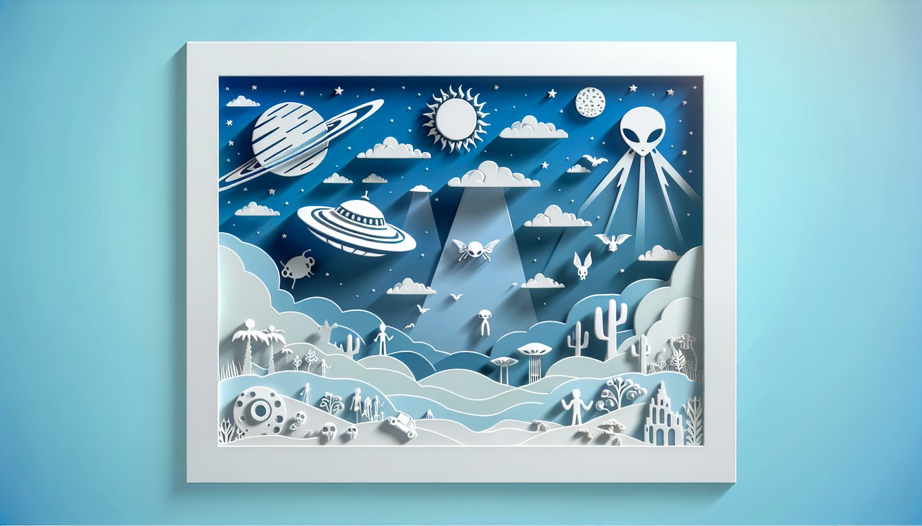 Paper art illustration for Alien trivia quiz on a sky blue background