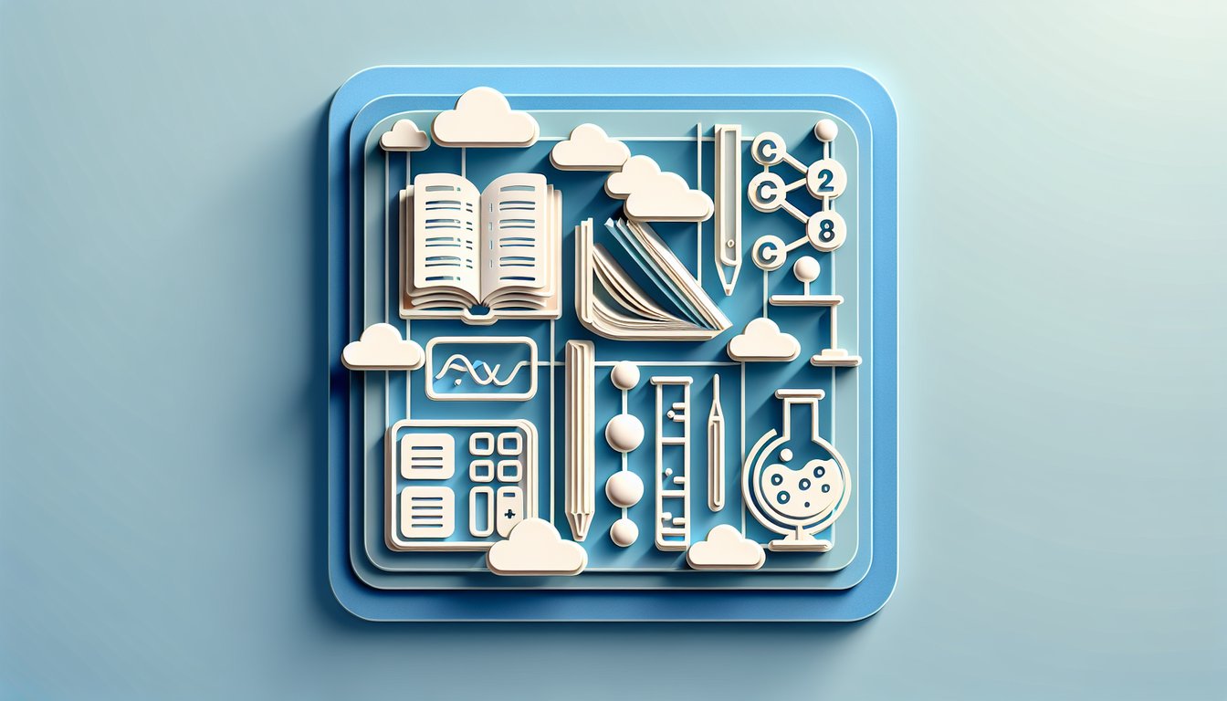 Paper art quiz scene with books pencil calculator microscope alphabet letters and lightbulb on sky blue background