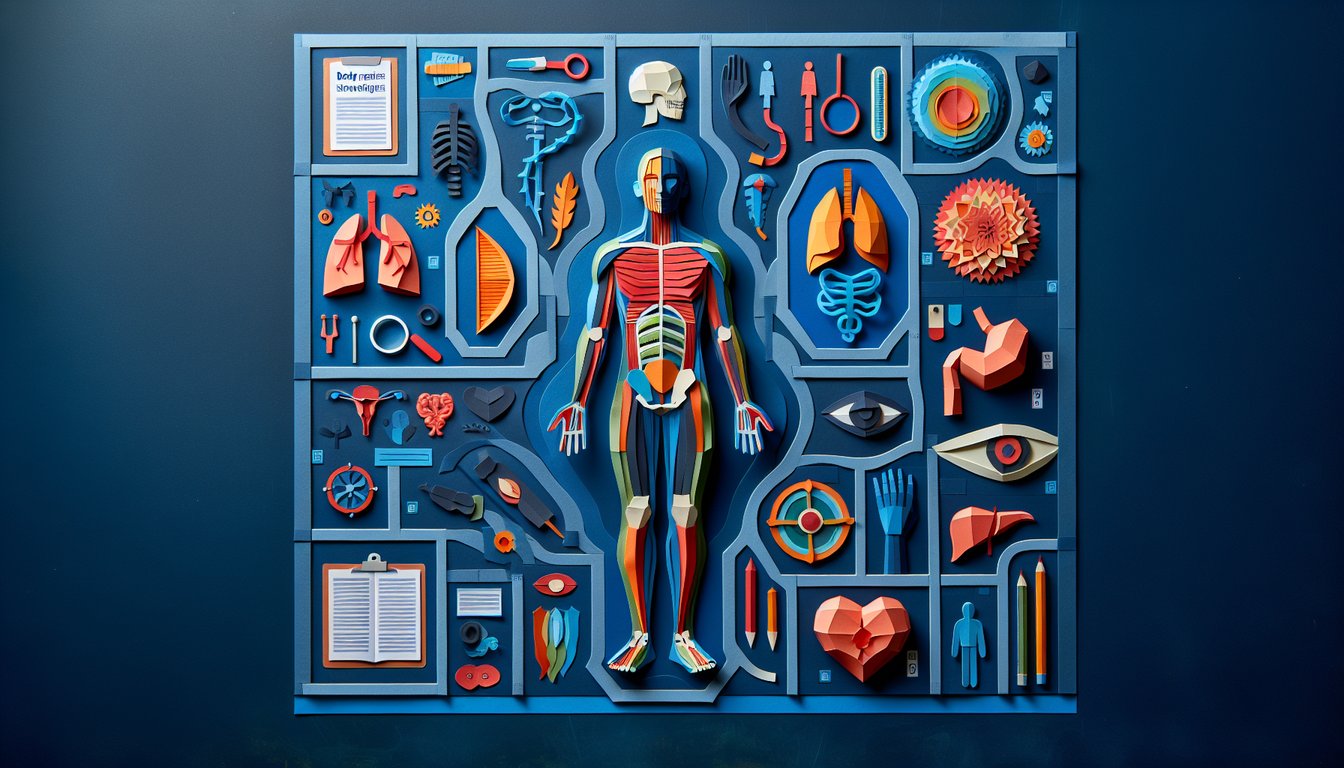 Colorful paper art promoting a high school-level anatomy quiz, Body Regions Showdown.