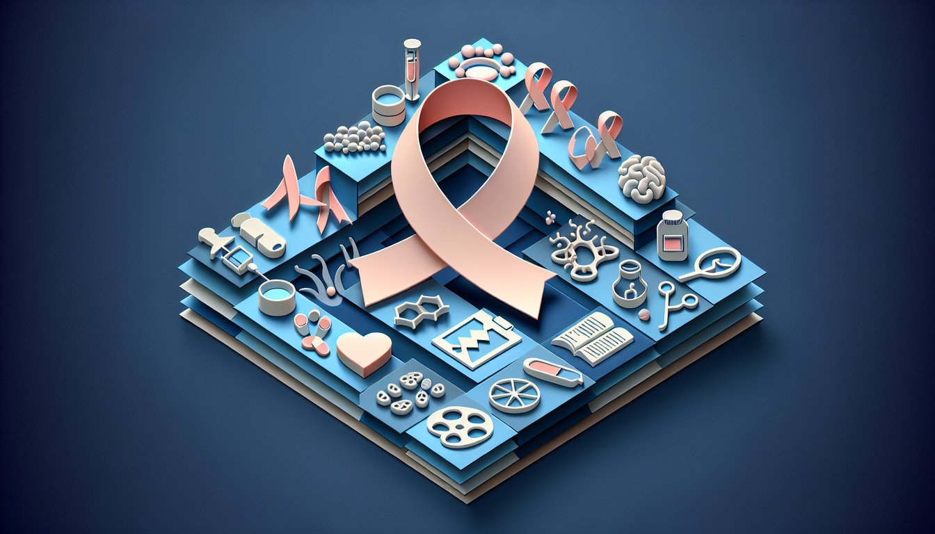 Paper art on dark blue backdrop with layered cancer ribbons microscope hearts question marks around quiz title