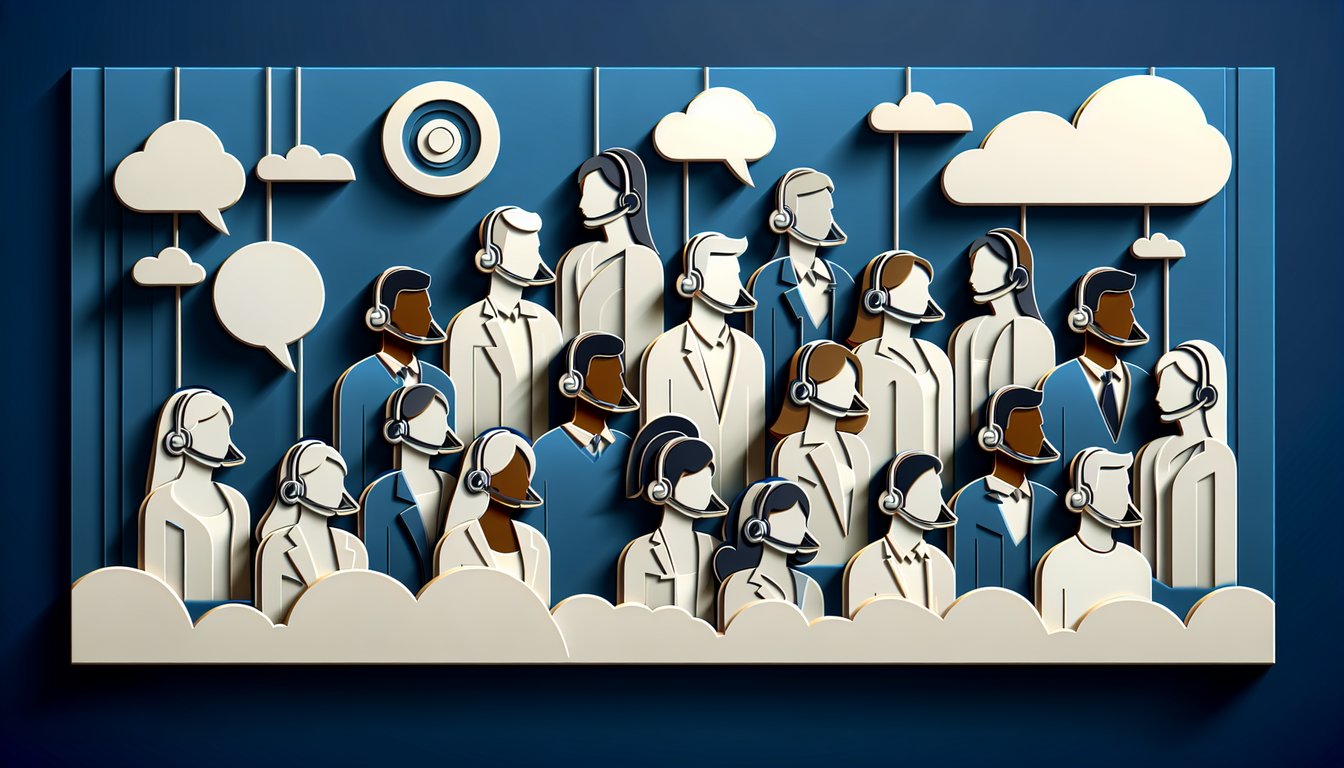 Paper art illustration for a call center skills quiz on a dark blue background