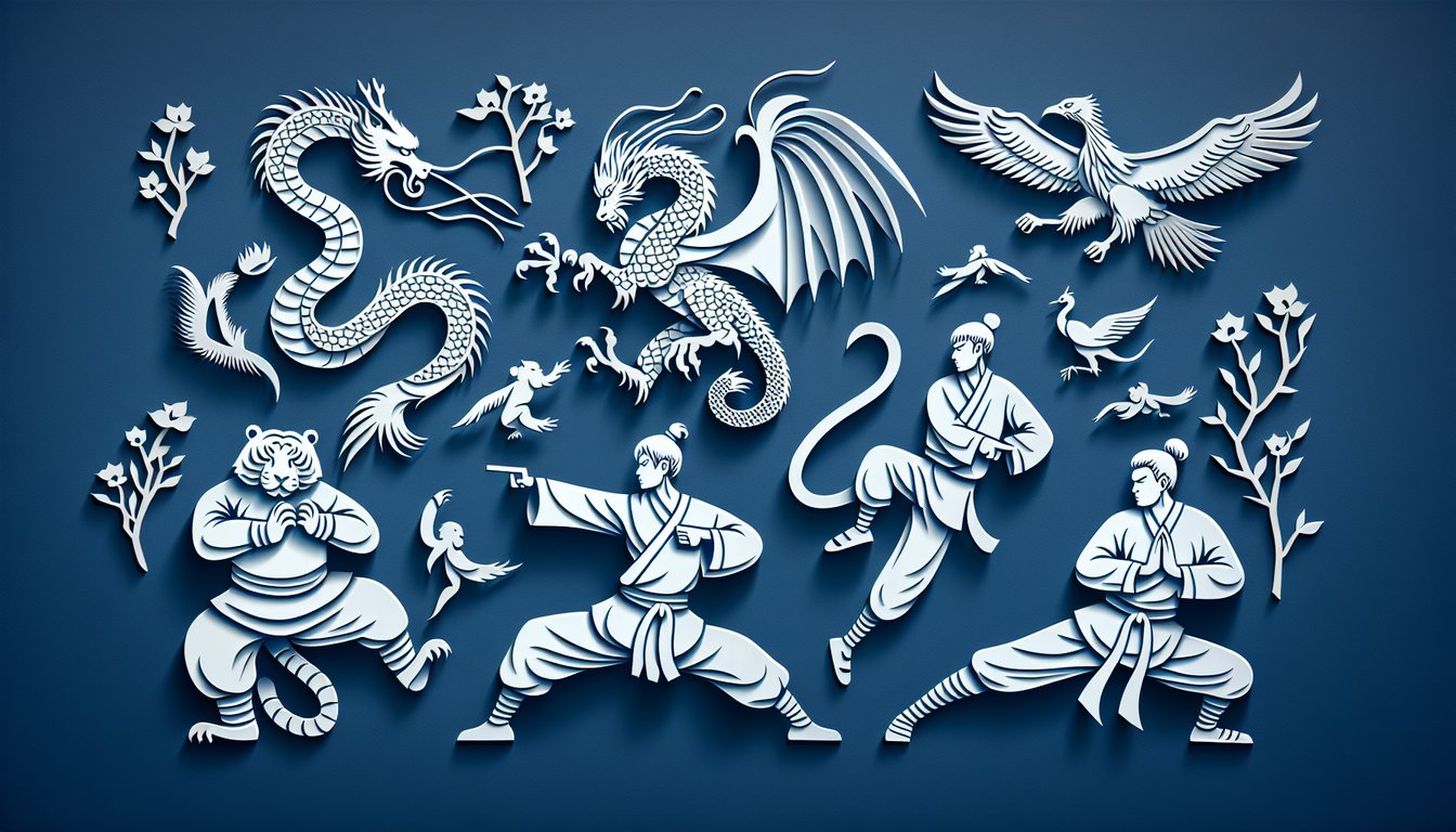Paper art silhouettes of Shaolin kung fu animals on dark blue background for quiz to reveal your inner warrior spirit.