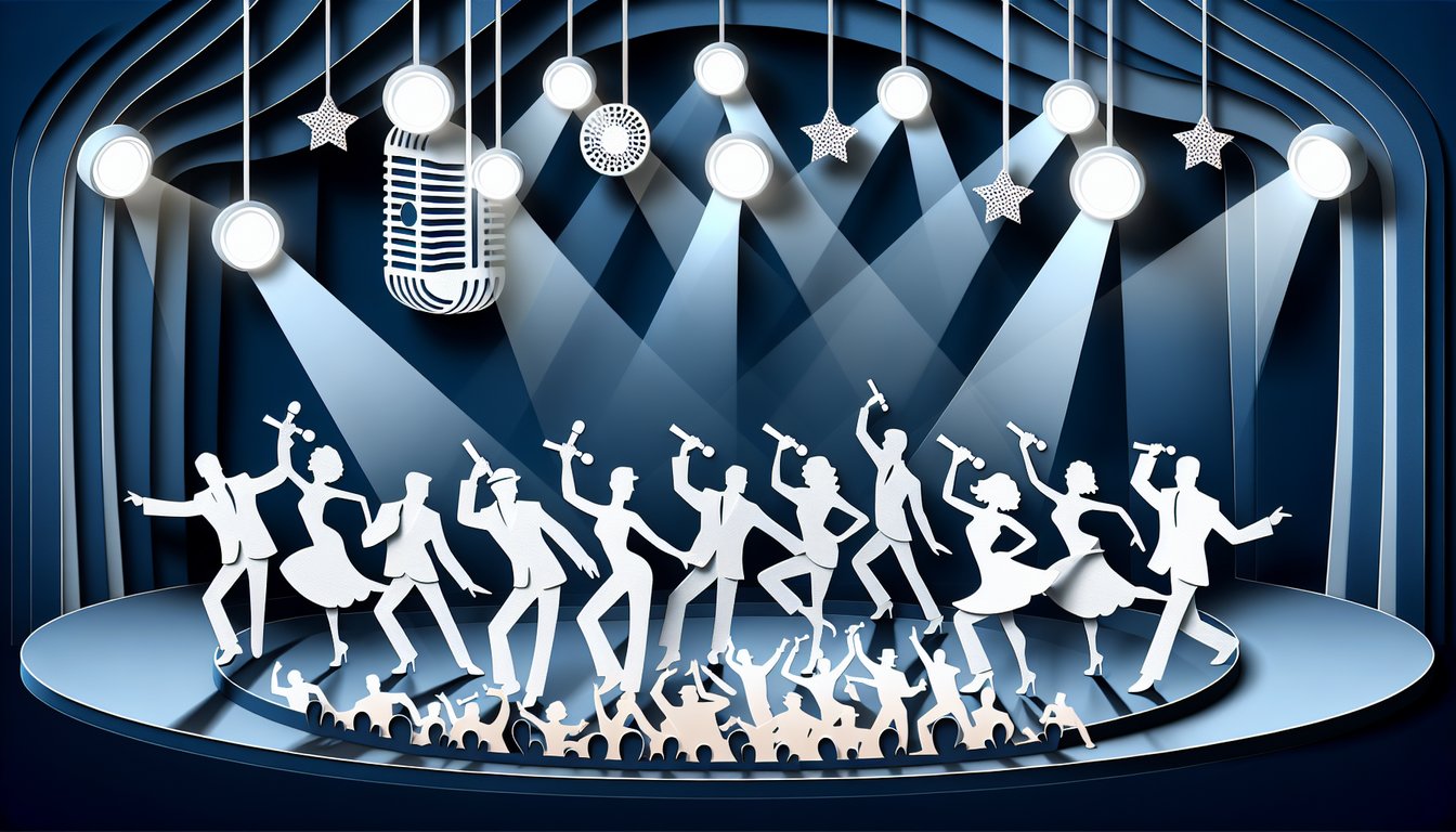 Paper art illustration with dancing silhouettes, vinyl record and mic on dark blue background for Sid McCoy Soul Train quiz
