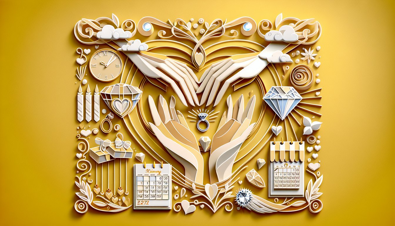 Paper art illustration for a marriage prediction quiz on a golden yellow background.