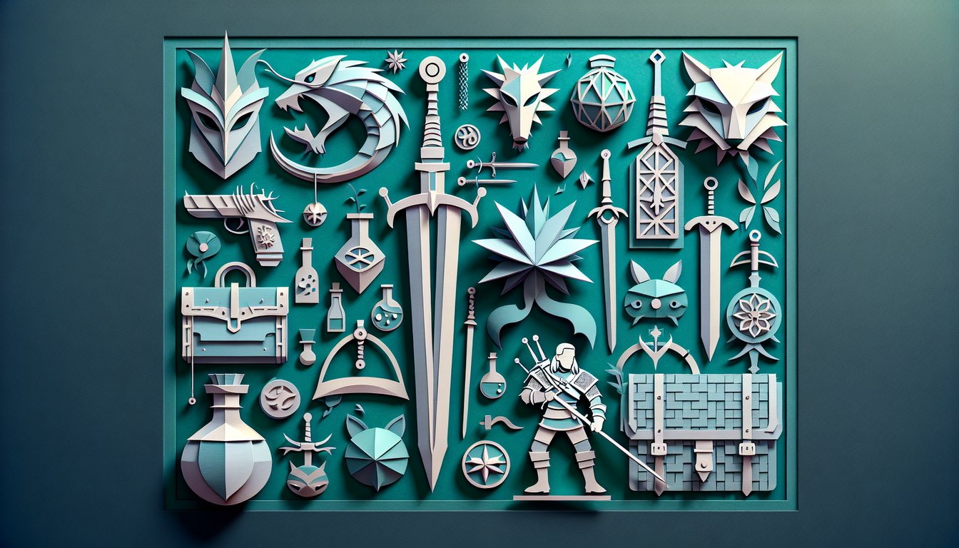 Paper art illustration of bard Dandelion with lute and witcher Geralt wolf medallion trivia quiz title on teal background