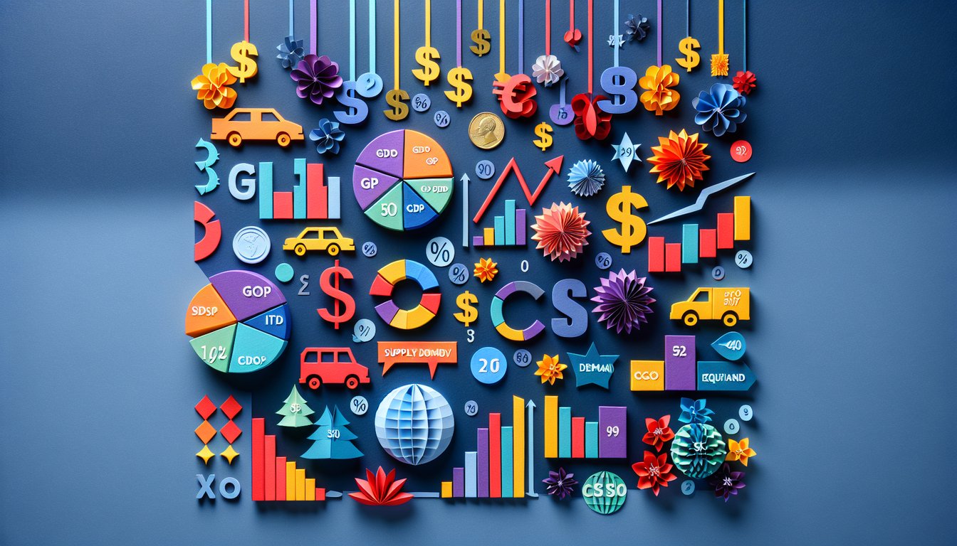 Colorful paper art promoting Macro  Micro Mastery economics quiz for high school students.
