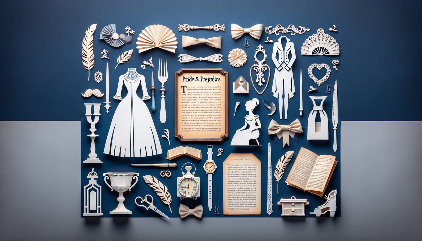 Paper art illustrating Pride and Prejudice literature trivia quiz for high school students.