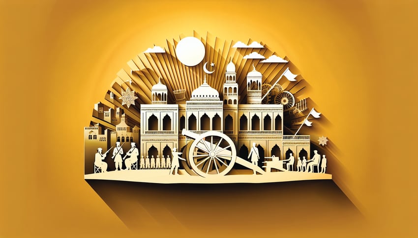 Paper art illustration for a Pakistan history quiz on a golden yellow background