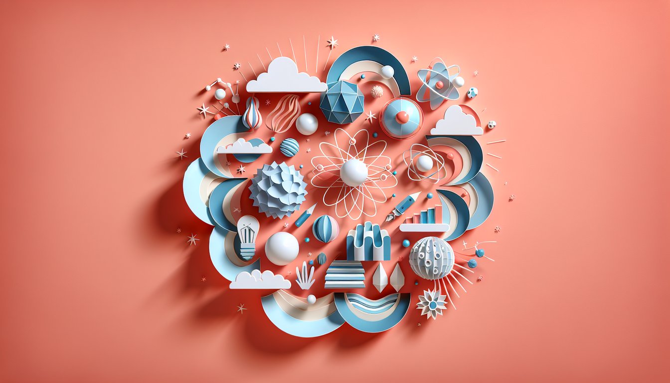 Paper art illustration for 8th grade physics quiz on a coral background