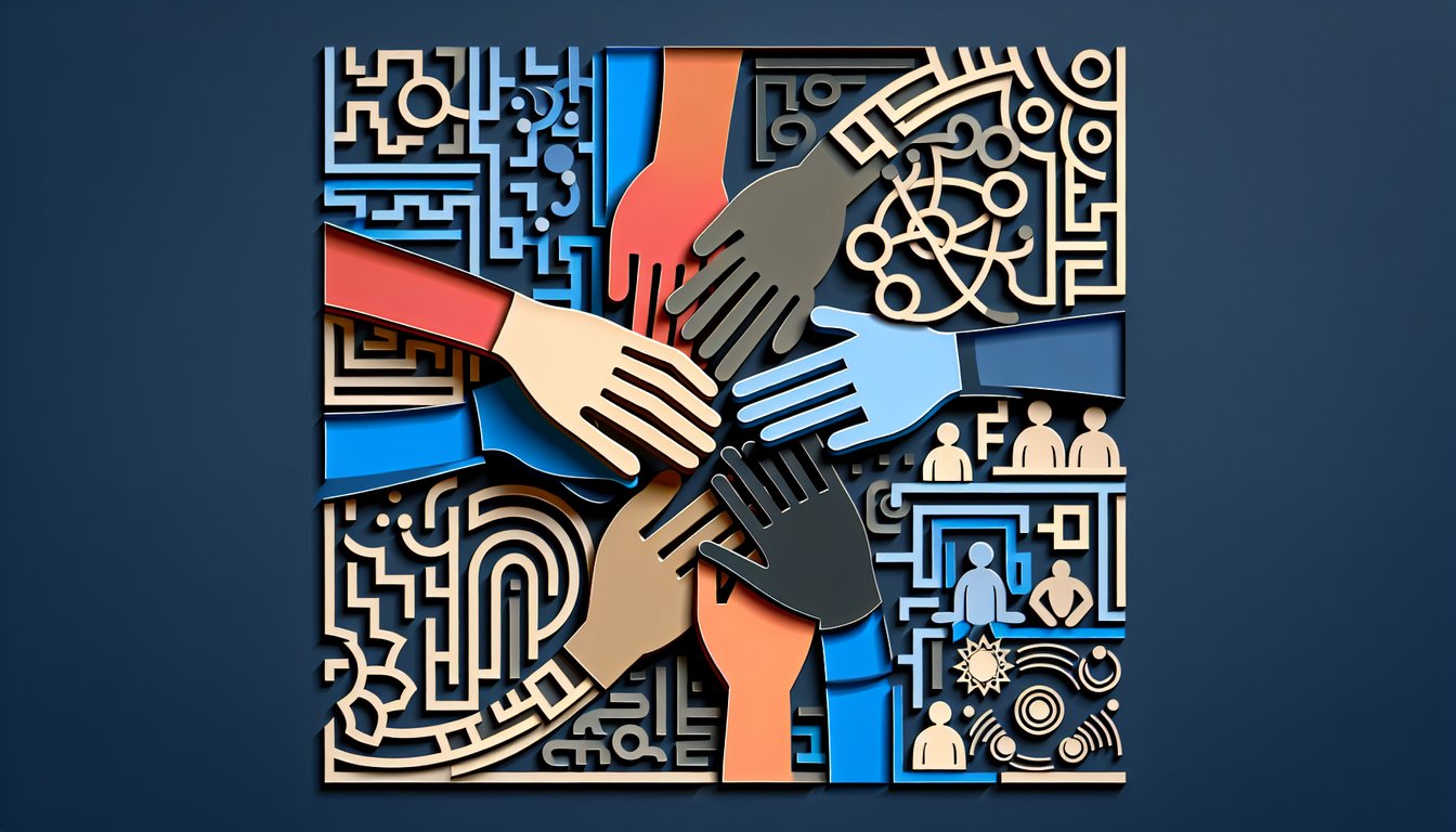 Paper art cutout friends in colorful shapes on dark blue background for friendship style quiz