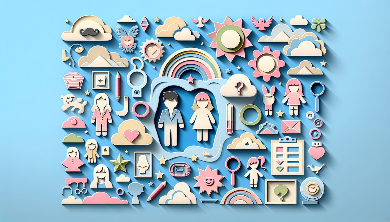 Paper art illustration of colorful LOL Doll cutouts with playful accessories on a sky blue background