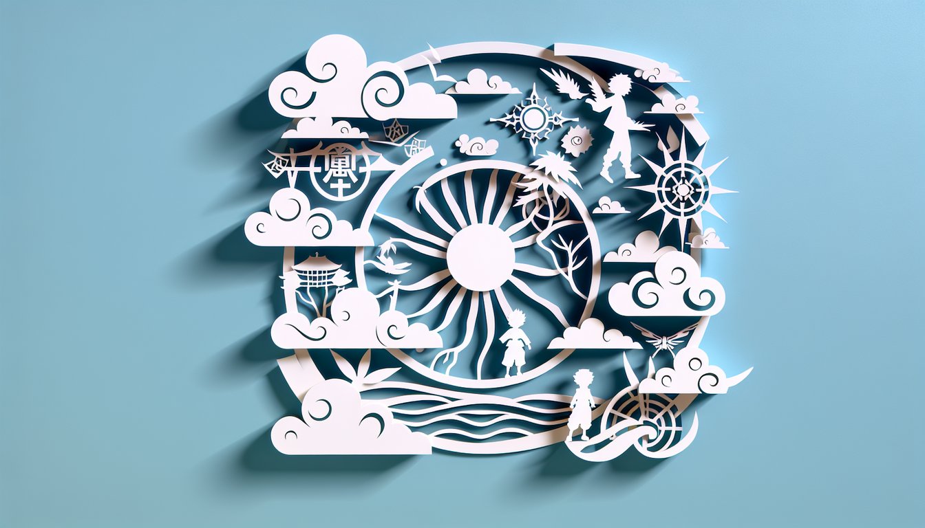 Paper art illustration of anime character cutouts and heart icons on sky blue background for Hunter X Hunter boyfriend quiz