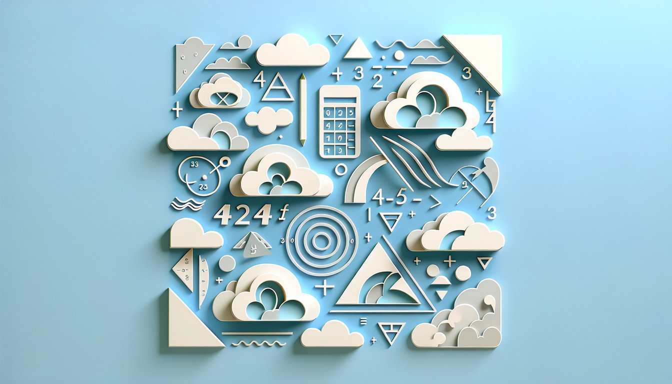 Paper art style quiz display with fraction bars, multiplication signs, geometry shapes and pencils on sky blue background