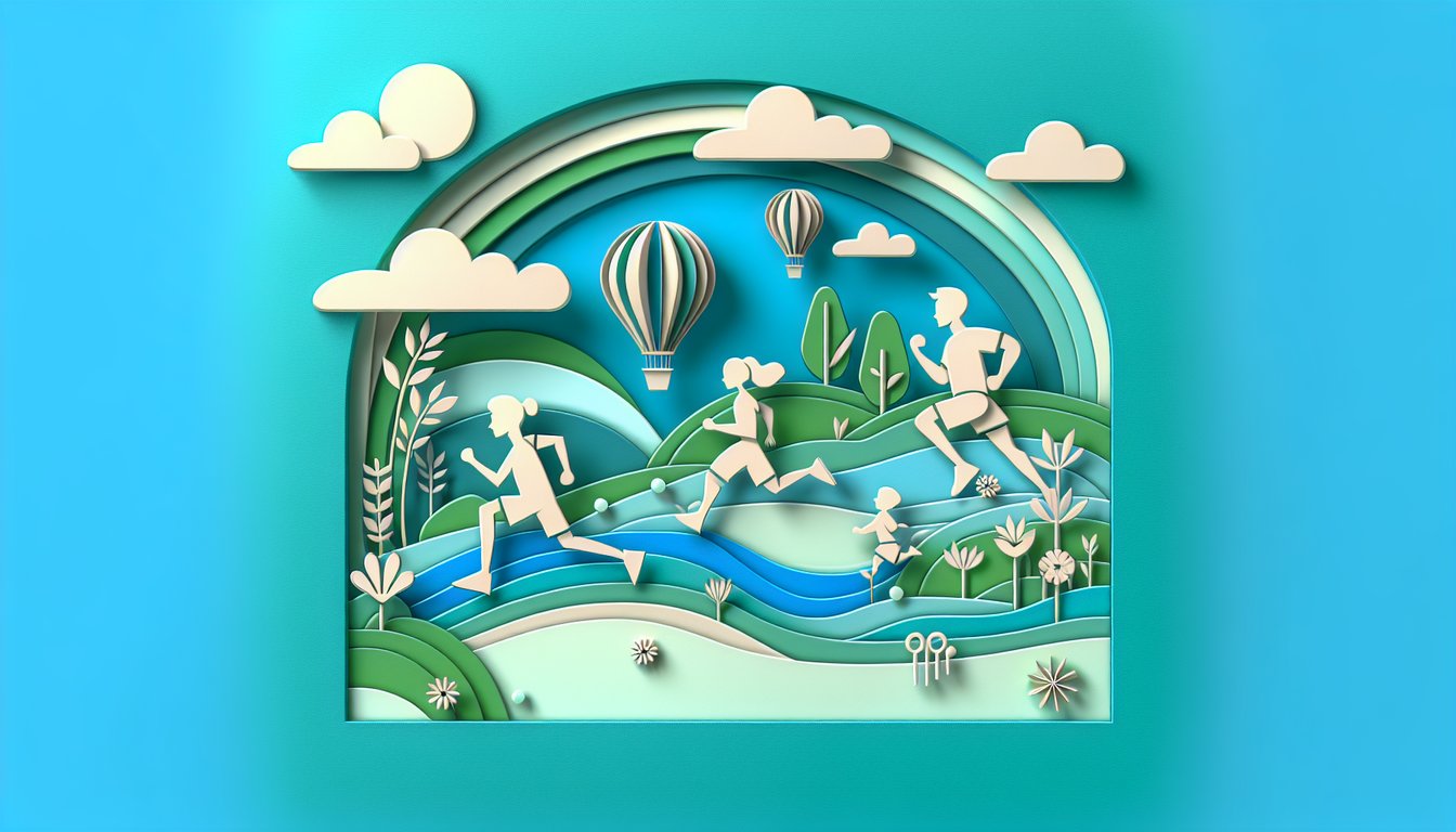 Paper art illustration showing quiz title Tunforzquxqiz Raymonds Run on teal background with book and track elements
