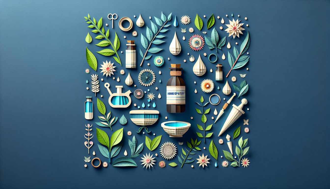 Colorful paper art depicting elements related to a Homeopathy Knowledge Test quiz