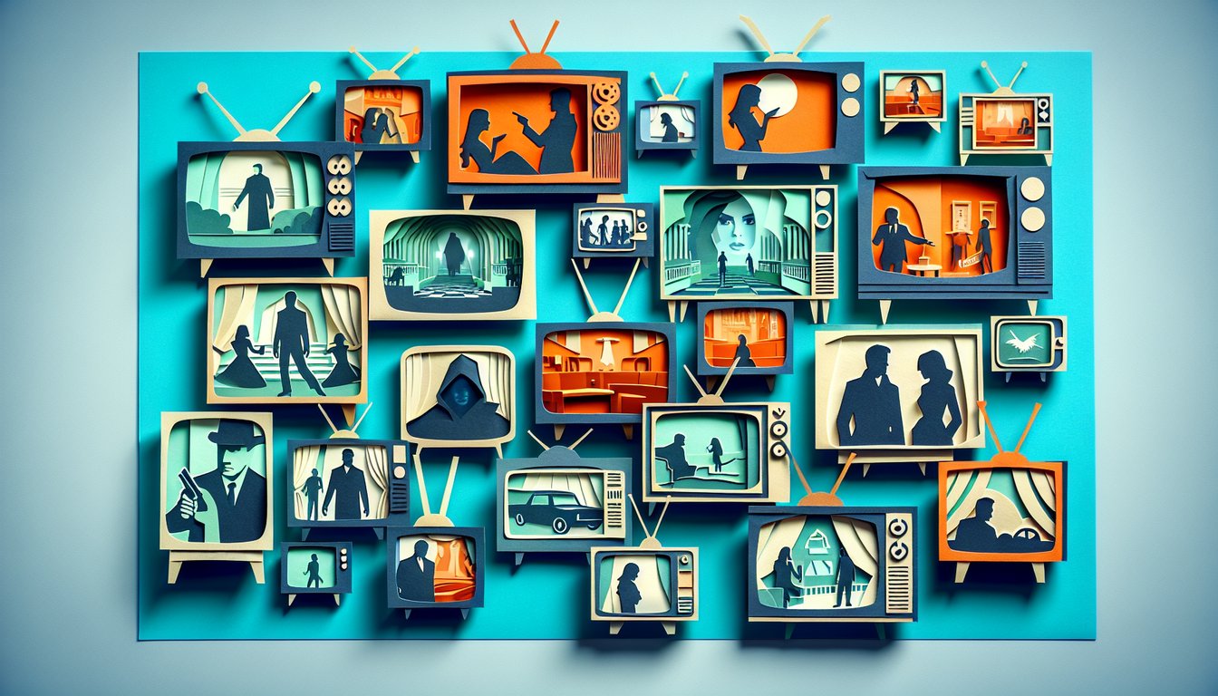Paper art depiction of TV shows trivia quiz with show icons actor match cards plot twist prompts on teal background